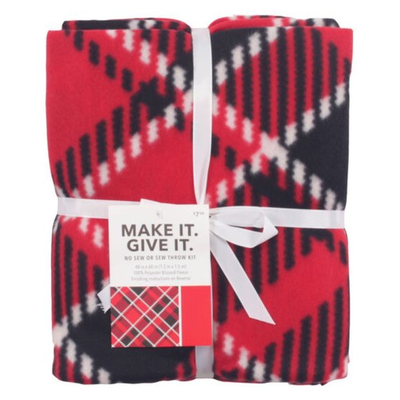 RED BLACK PLAID NO-SEW FLEECE THROW Make It Give - Picture 1 of 4